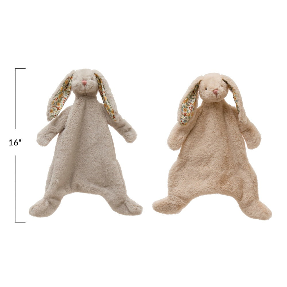 Two 16" plush bunny snuggle toys, one grey and one beige, with floral fabric lining inside their floppy ears.