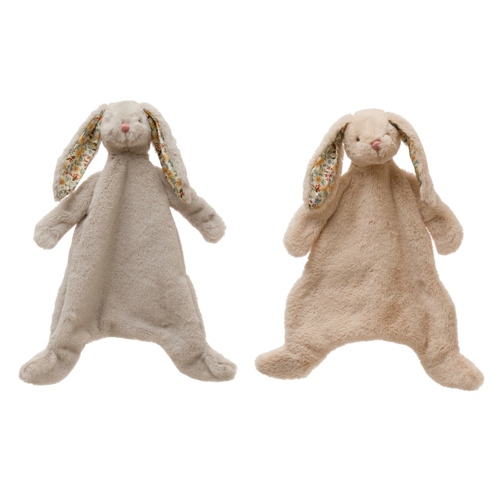 Two plush bunny lovey toys, one grey and one beige, with floral fabric lining inside their long floppy ears.