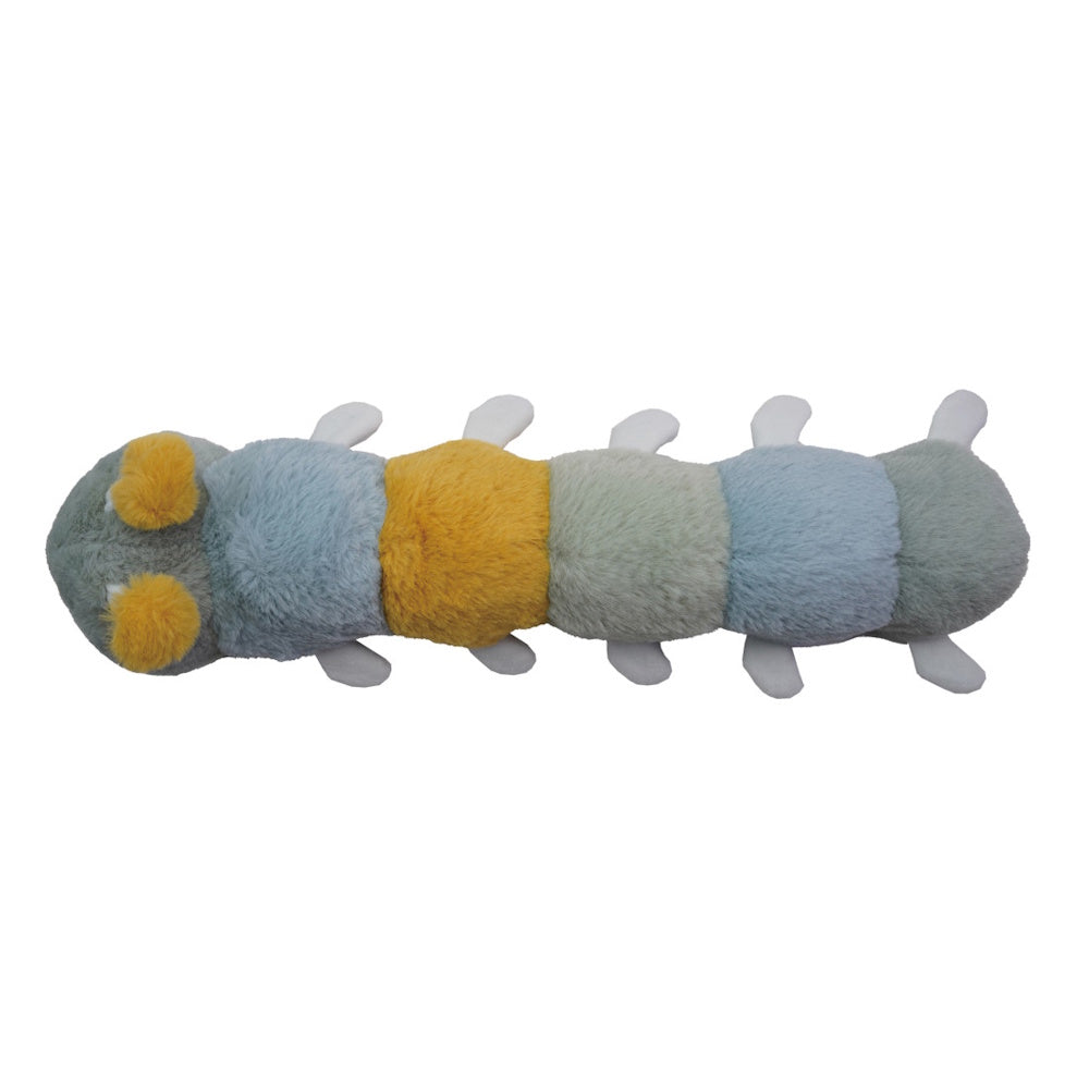 Plush multi-colored caterpillar toy with yellow pom-poms and five pairs of white feet, viewed from below.