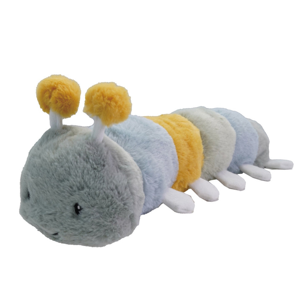 Plush, multi-colored caterpillar toy with yellow pom-pom antennae and white legs on a white background.