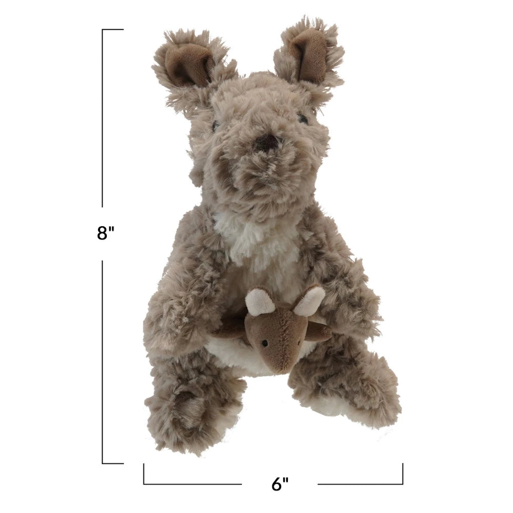 Plush brown kangaroo with joey in pouch. Includes height and width dimensions of 8 inches by 6 inches on a white background.