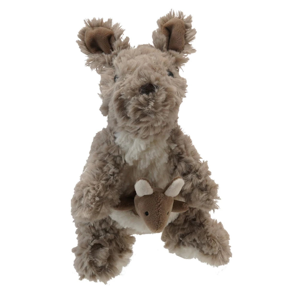 A fuzzy, brown plush kangaroo toy with a small joey peeking out of its pouch against a plain white background.
