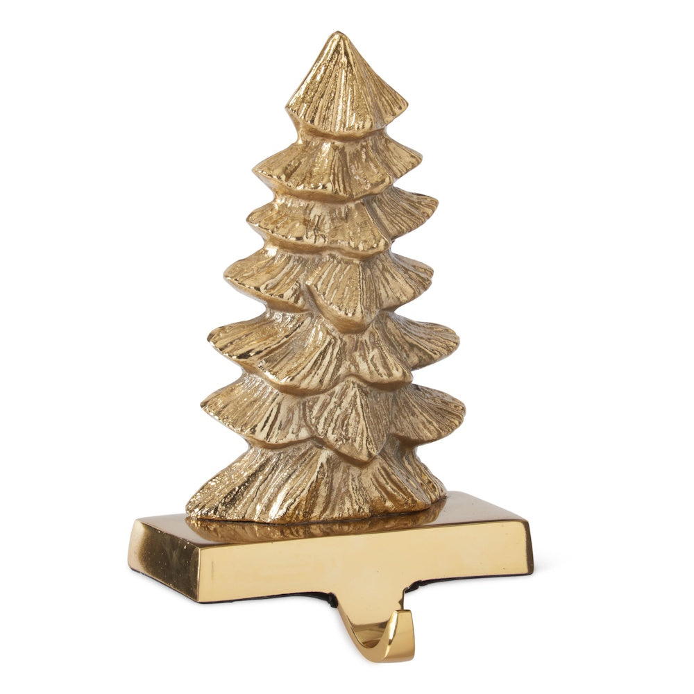 Polished brass Christmas tree stocking holder with a tiered evergreen design.
