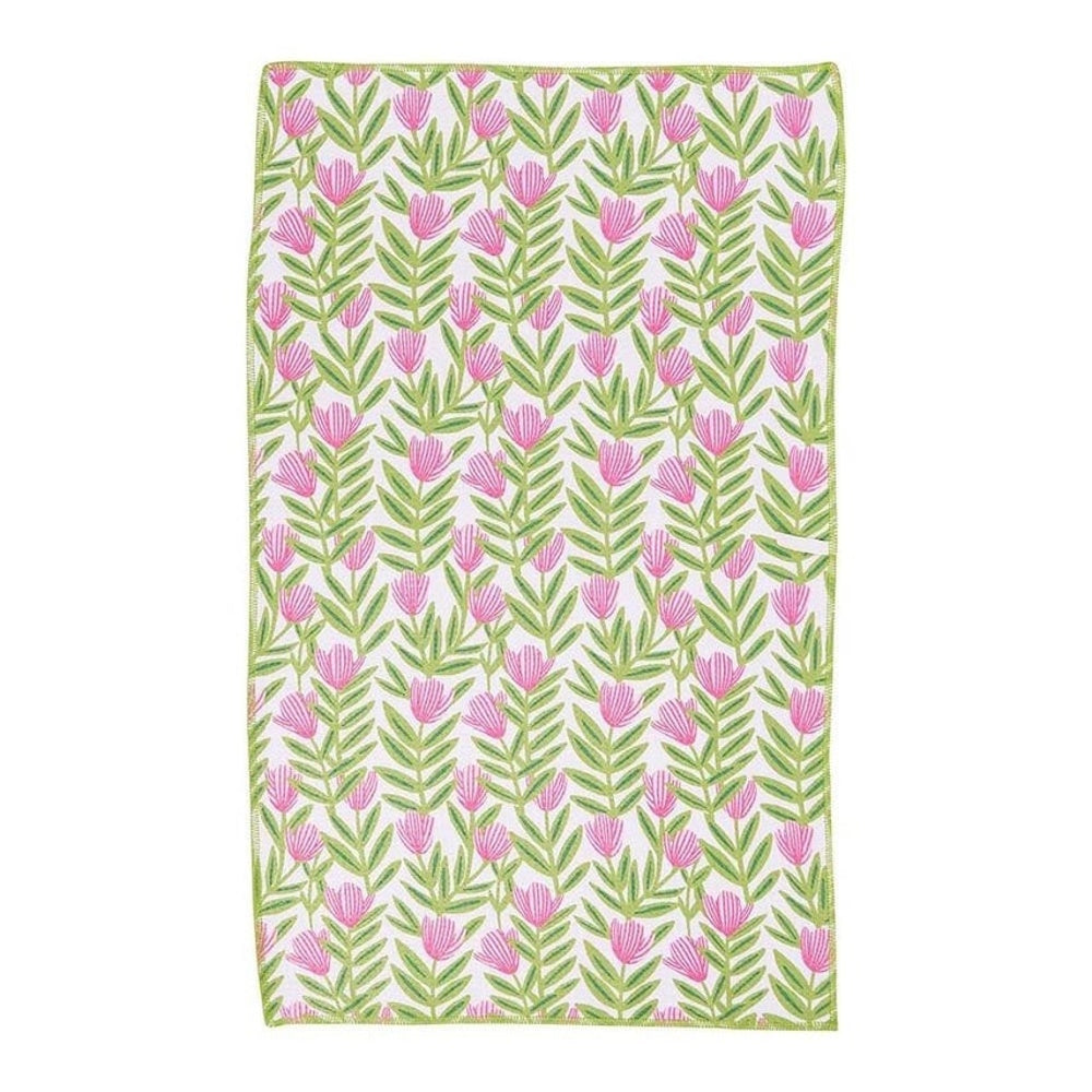 Pink floral pattern tea towel with green stems and leaves on a white background, featuring a modern poppy design.