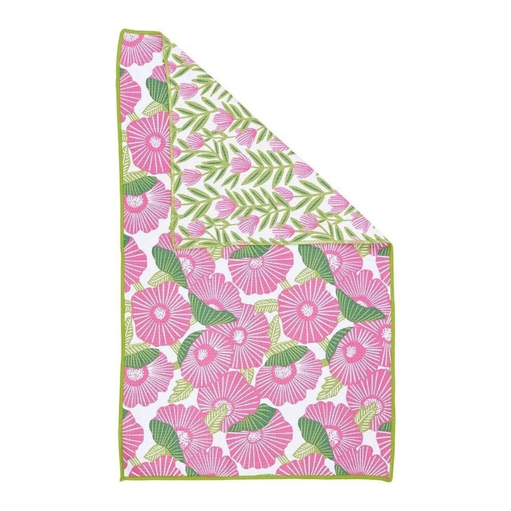 Folded white tea towel featuring a vibrant pink poppy flower pattern with green leaves and a lime green stitched border.