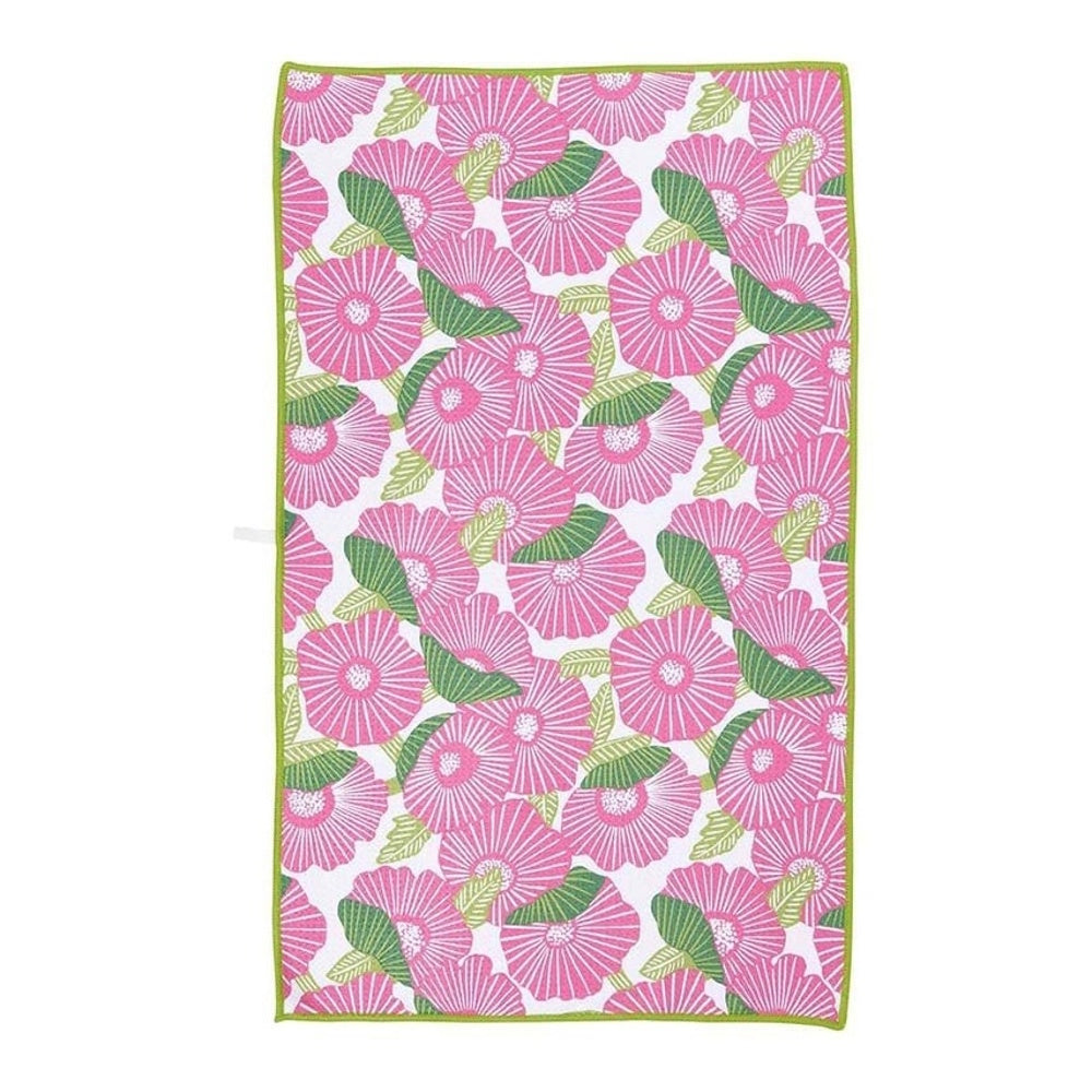 Pink and green floral kitchen tea towel featuring a vibrant Papaver poppy pattern and decorative lime green border.
