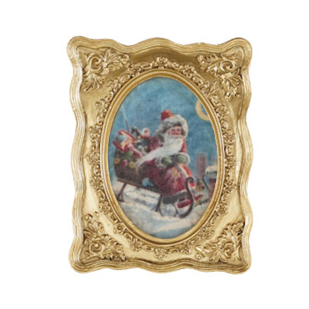 Mini ornate gold framed magnet featuring vintage artwork of Santa Claus riding a sled.