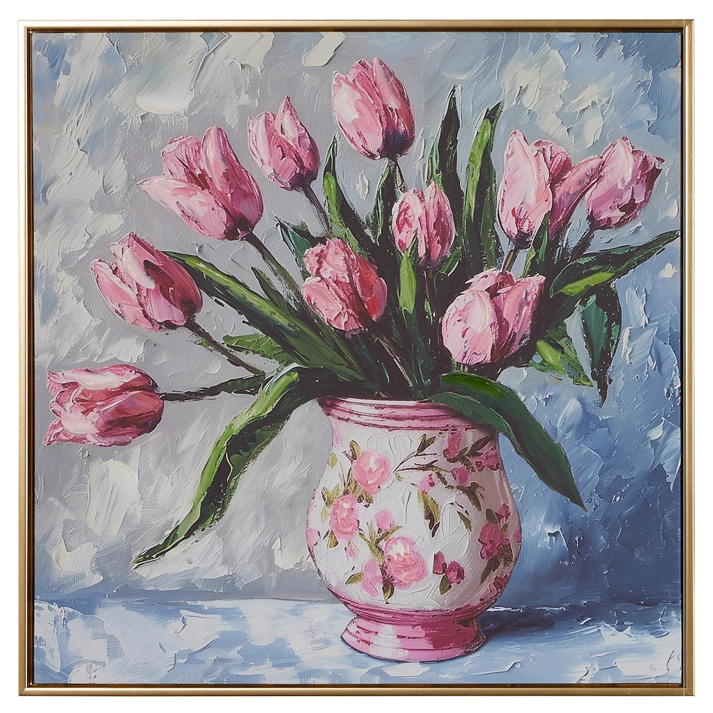 Painting of a vase with pink tulips against a textured blue background. The vase features a floral pattern, adding a lively and vibrant tone.