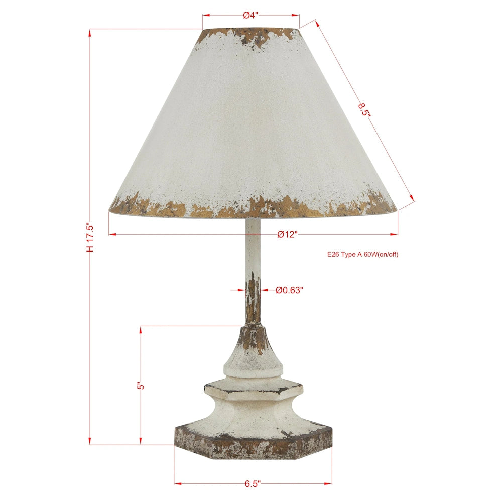 Distressed white and gold vintage table lamp with dimensions including 17.5 inch height and 12 inch shade diameter.