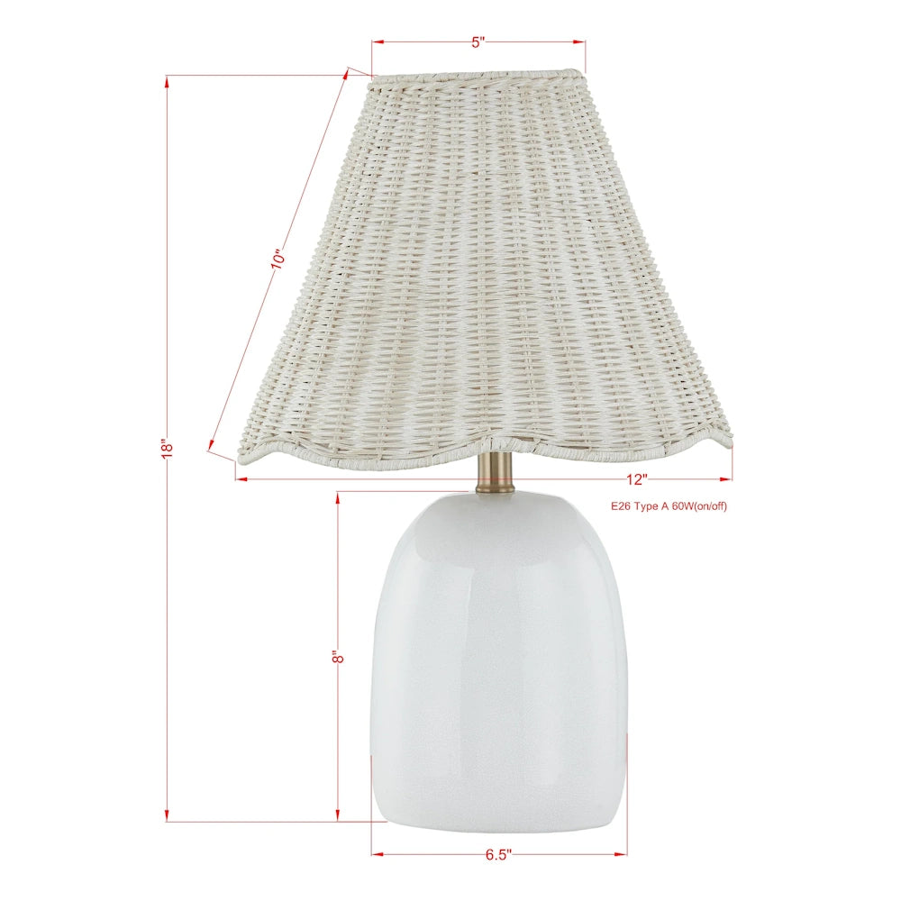 White ceramic table lamp dimensions with woven rattan shade, 18 inch height and scalloped trim.