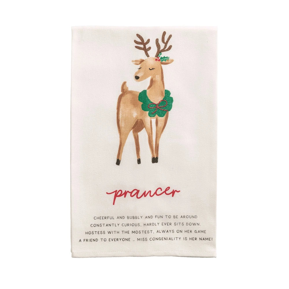 White hand towel featuring Prancer the reindeer wearing a green wreath collar and descriptive poem.