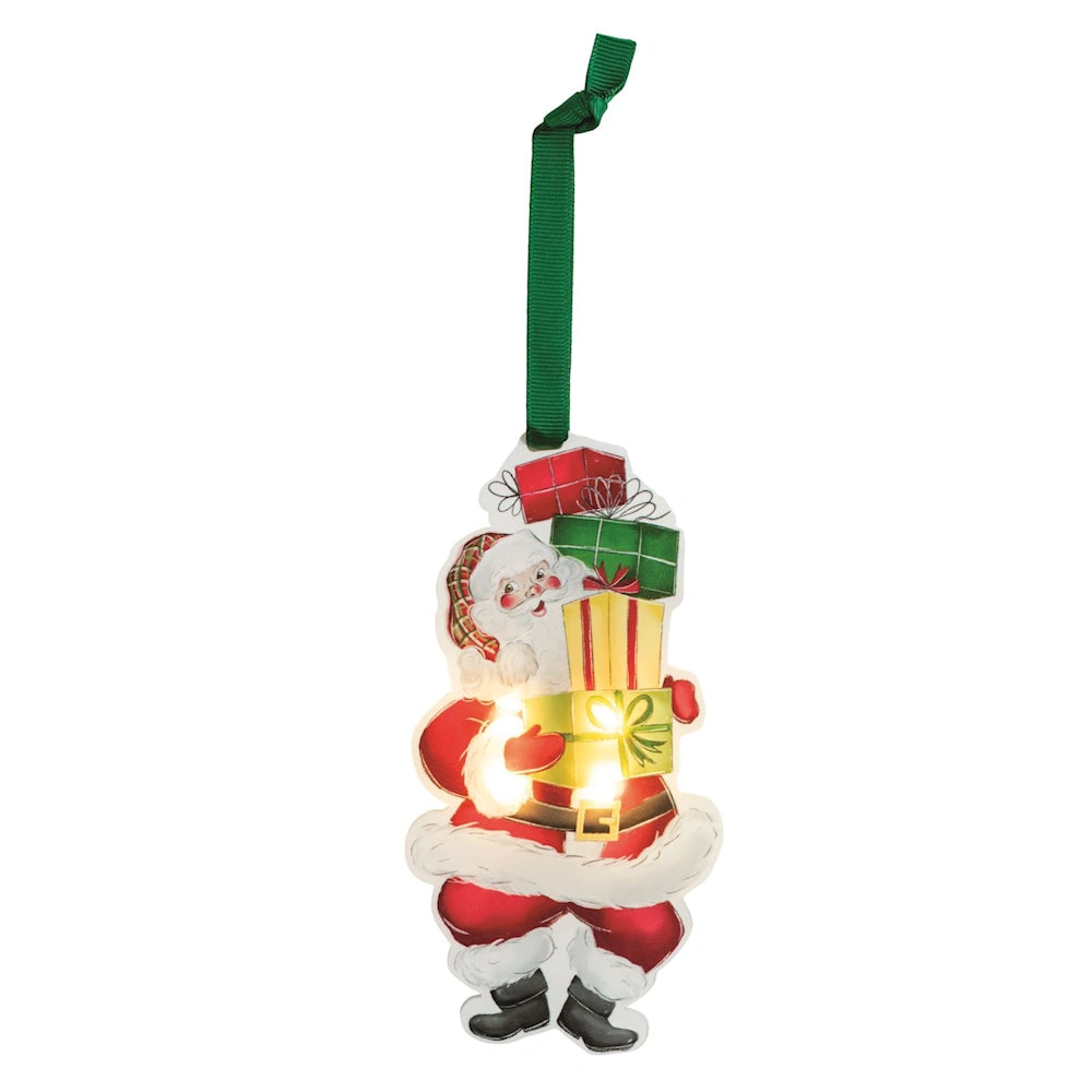 Hanging light-up Santa ornament holding a stack of colorful Christmas presents with green ribbon.