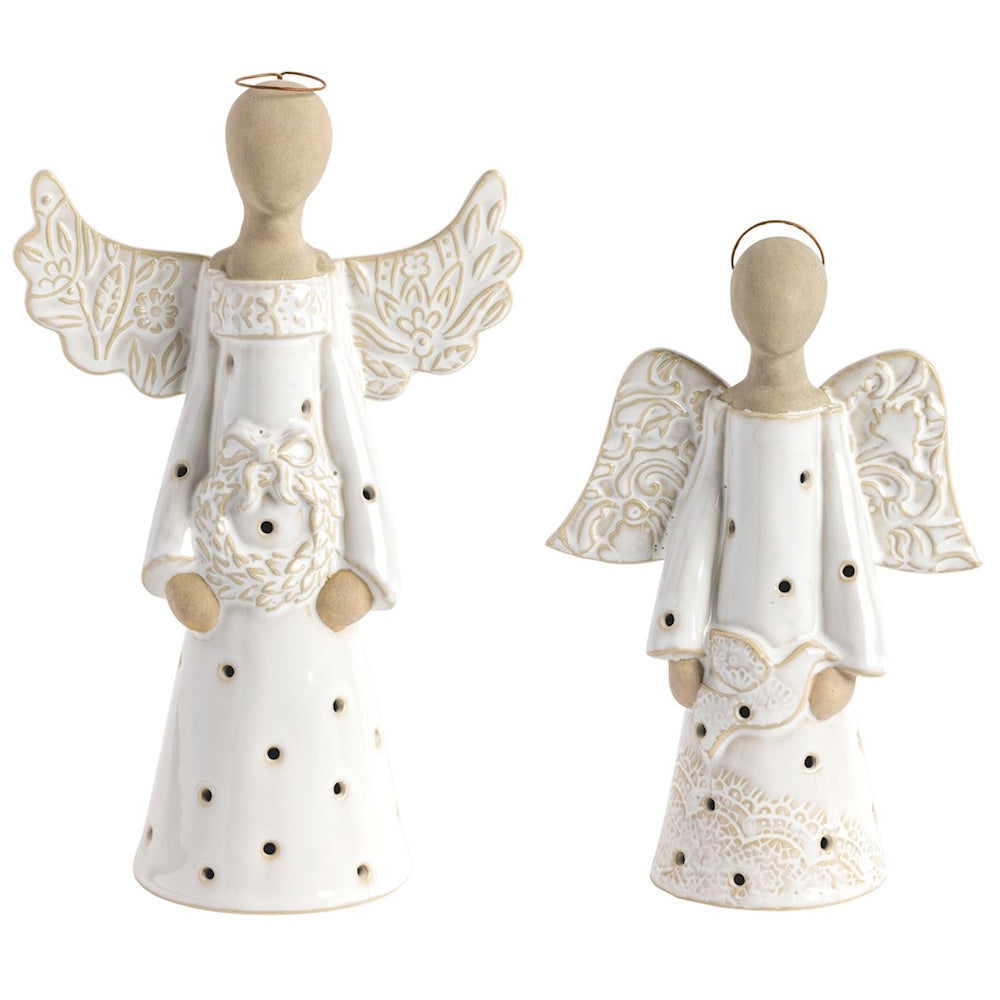 Two white ceramic angel statues with wire halos, pressed lace textures, and cutout light holes.