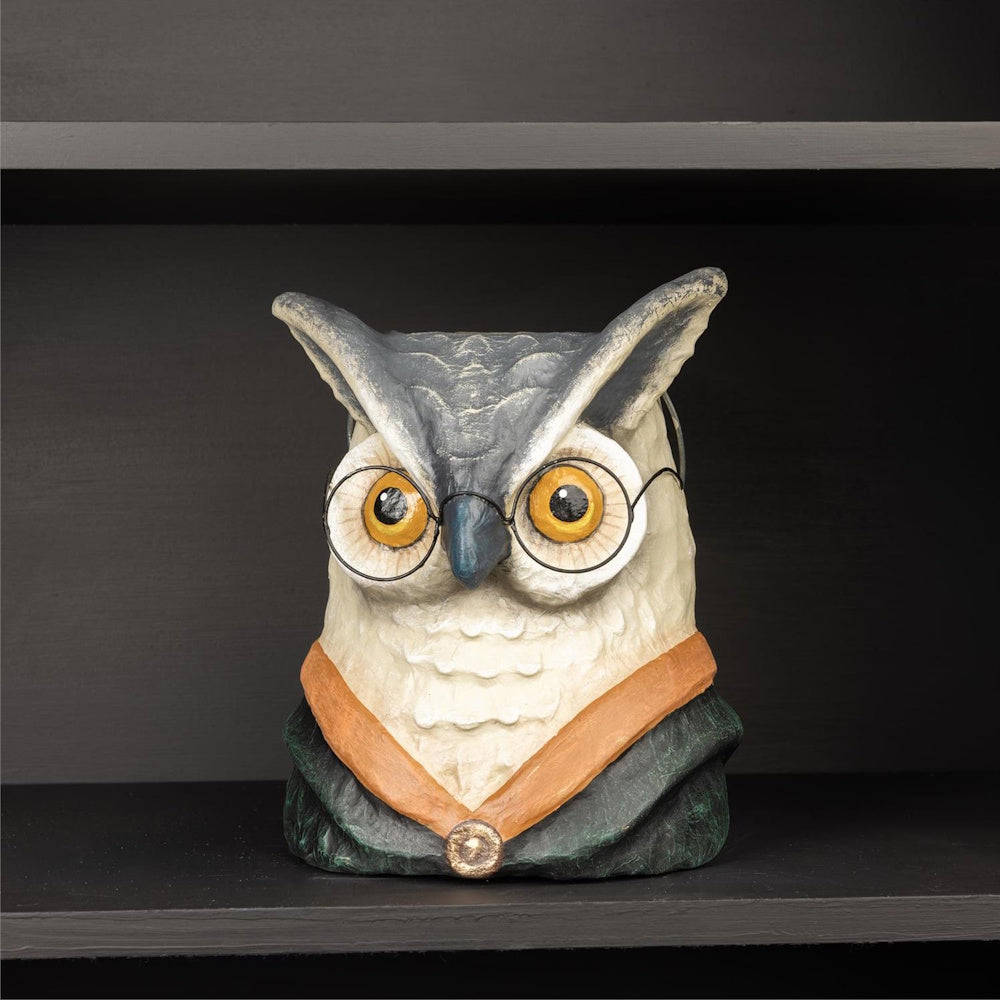 Paper-mâché owl bucket featuring round glasses and a collared cloak, sitting on a dark shelf.