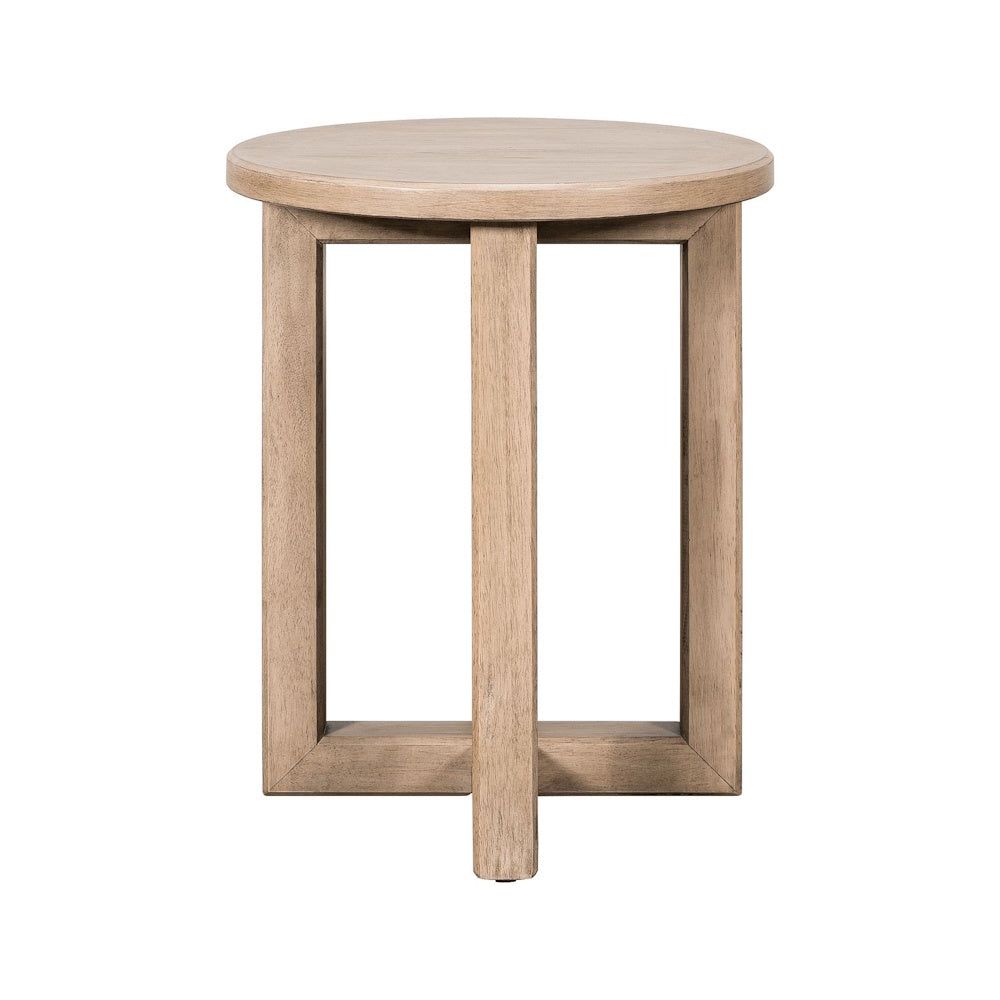 Round light wood chairside table with a geometric open base design.