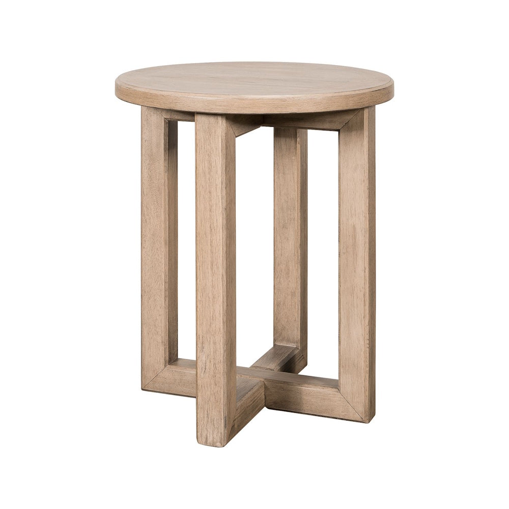 Round Proximity Place wooden chairside table with a light finish and cross base.