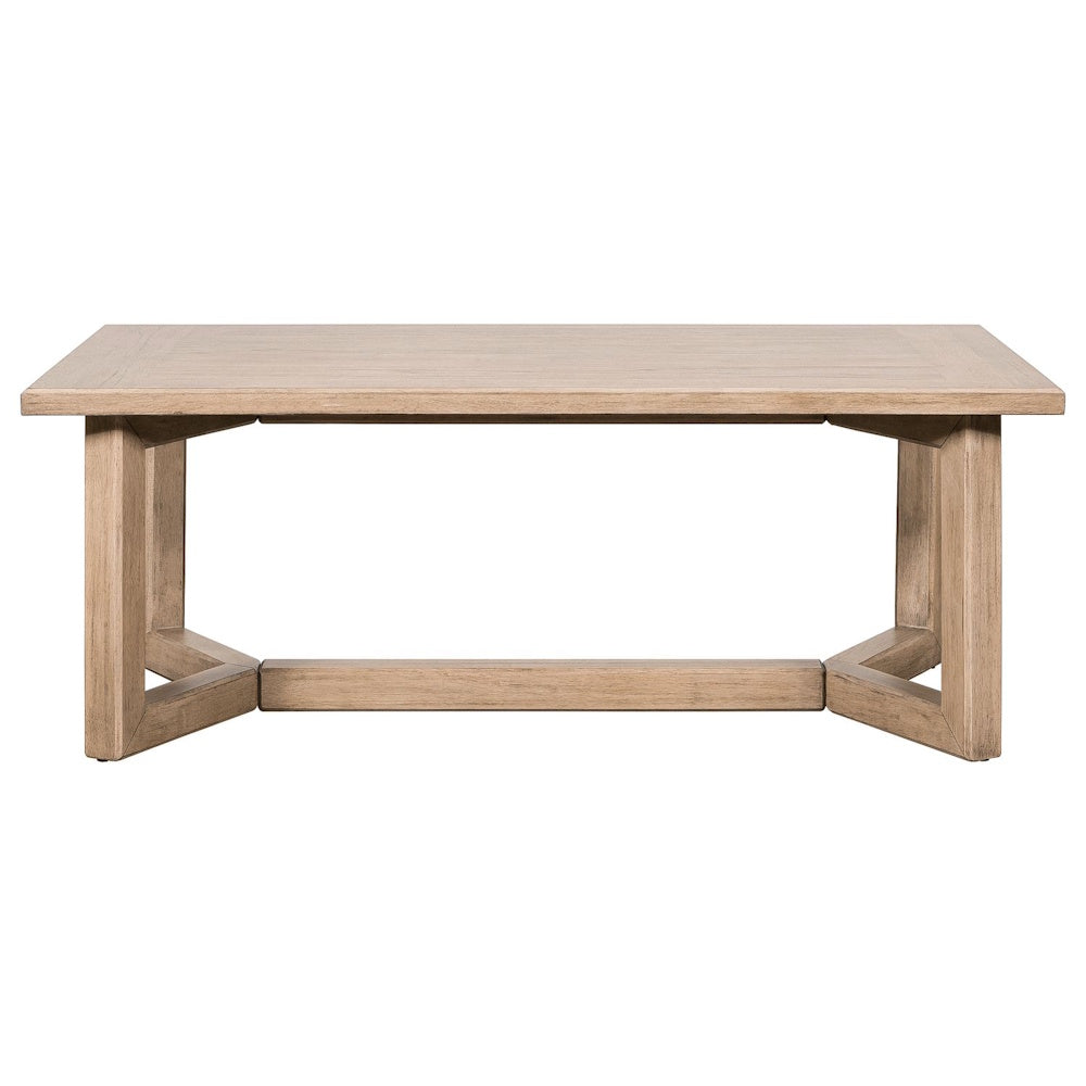 Proximity Place rectangular light wood cocktail coffee table with trestle base.