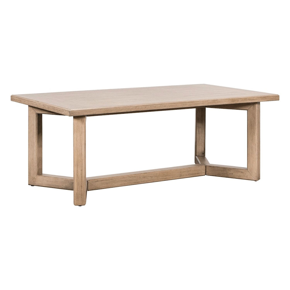 Proximity Place rectangular wood cocktail table with an open trestle base.
