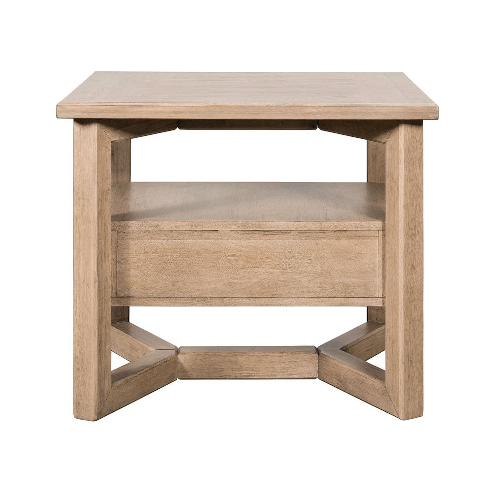 Proximity Place rectangular light wood end table with shelf and unique geometric base.