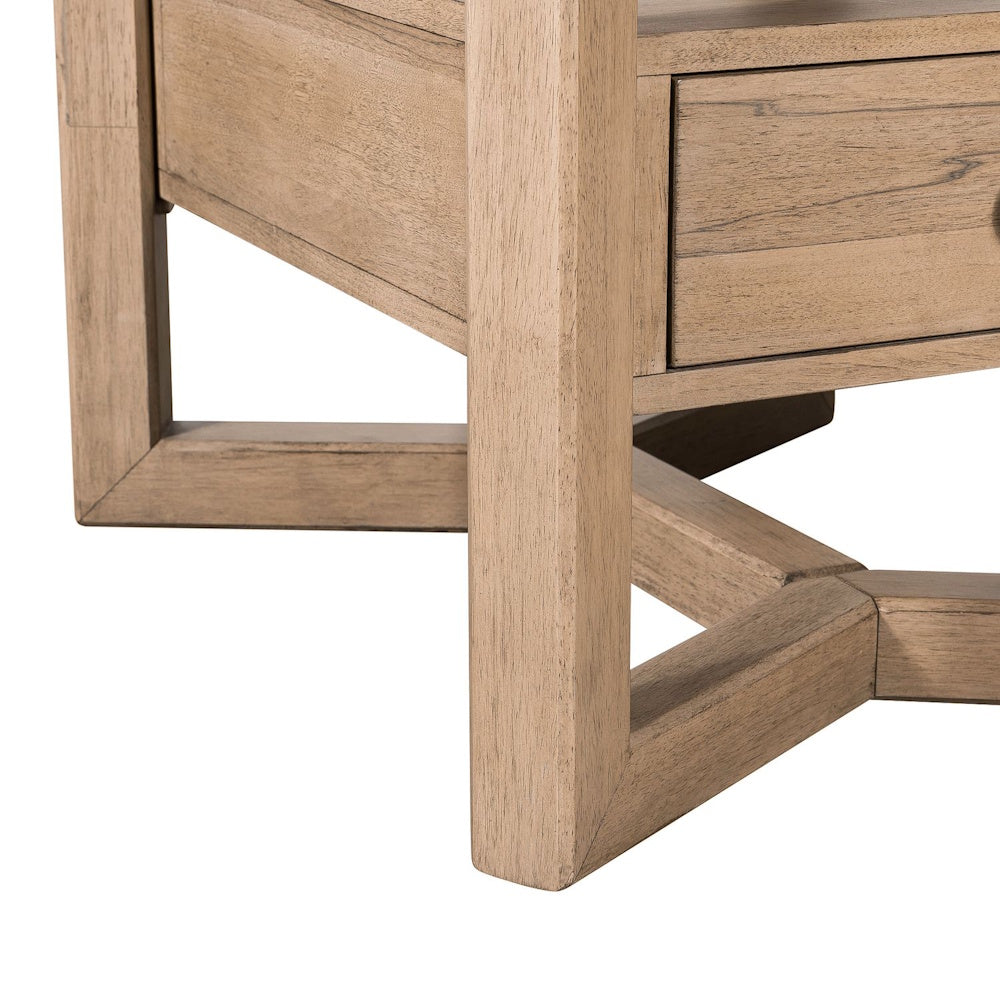 Proximity Place rectangular light wood end table base with drawer.