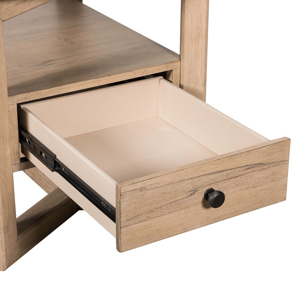 Close up of open drawer on Proximity Place light wood rectangular end table with black knob.
