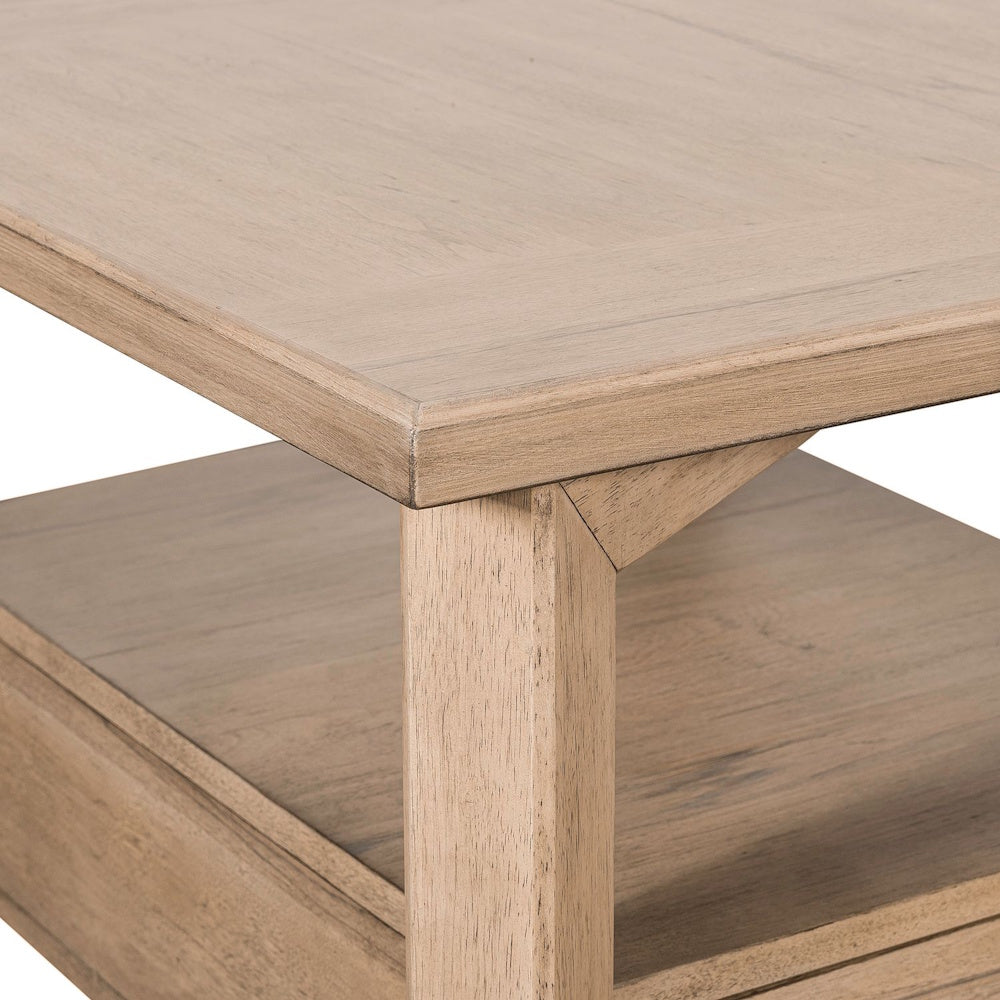 Close up of the Proximity Place rectangular wooden end table showing the corner grain and shelf details.