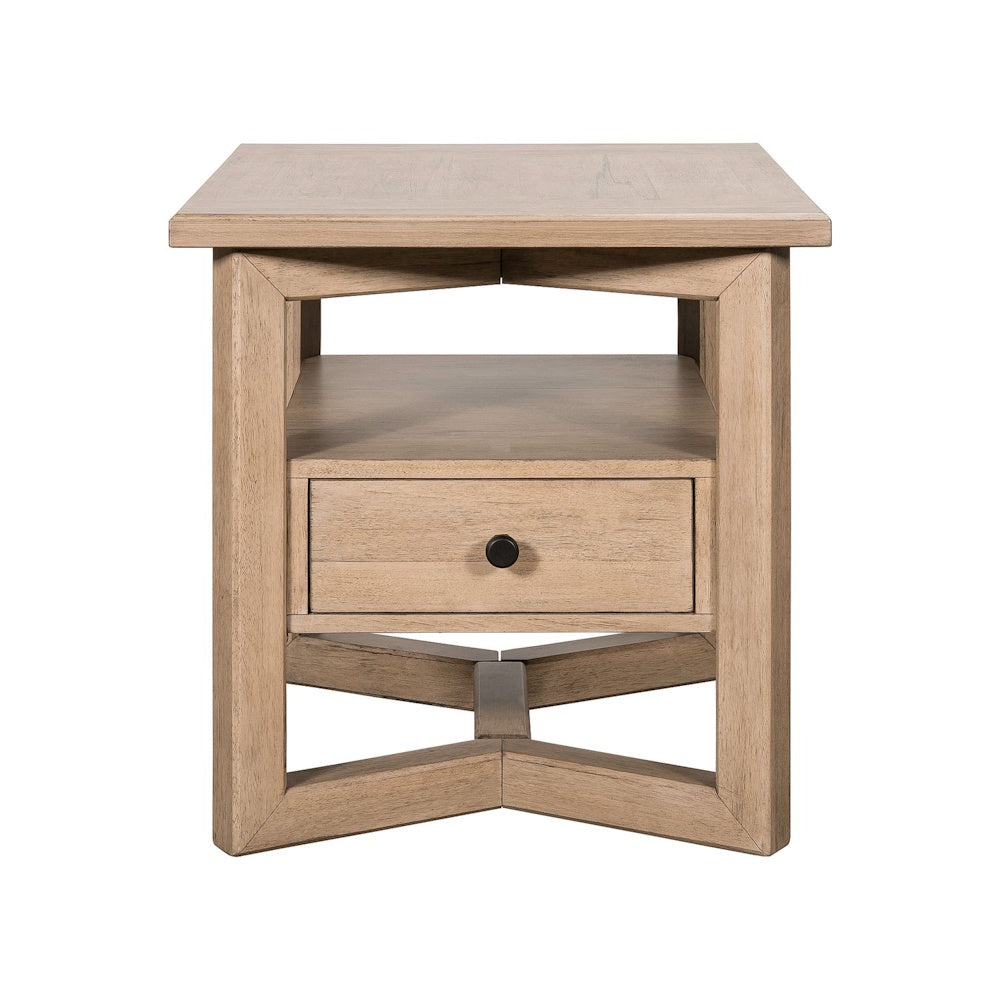 Proximity Place rectangular light wood end table with front drawer, open shelf, and geometric base.