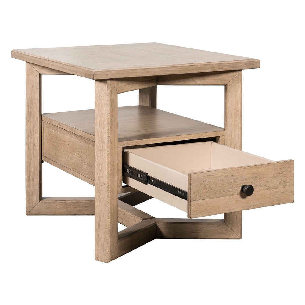 Light wood rectangular end table featuring an open storage drawer and modern geometric base.