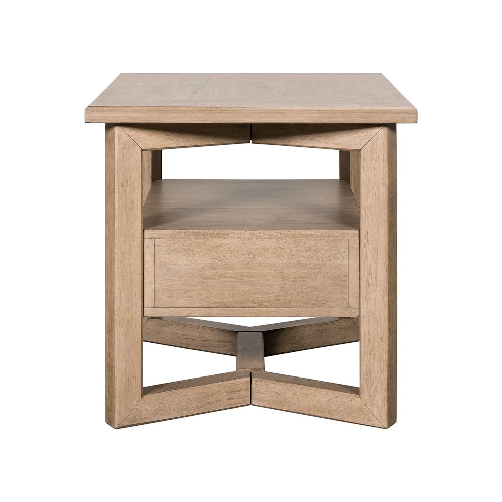 Side view of the Proximity Place rectangular end table in light wood with an open shelf and X shaped base.
