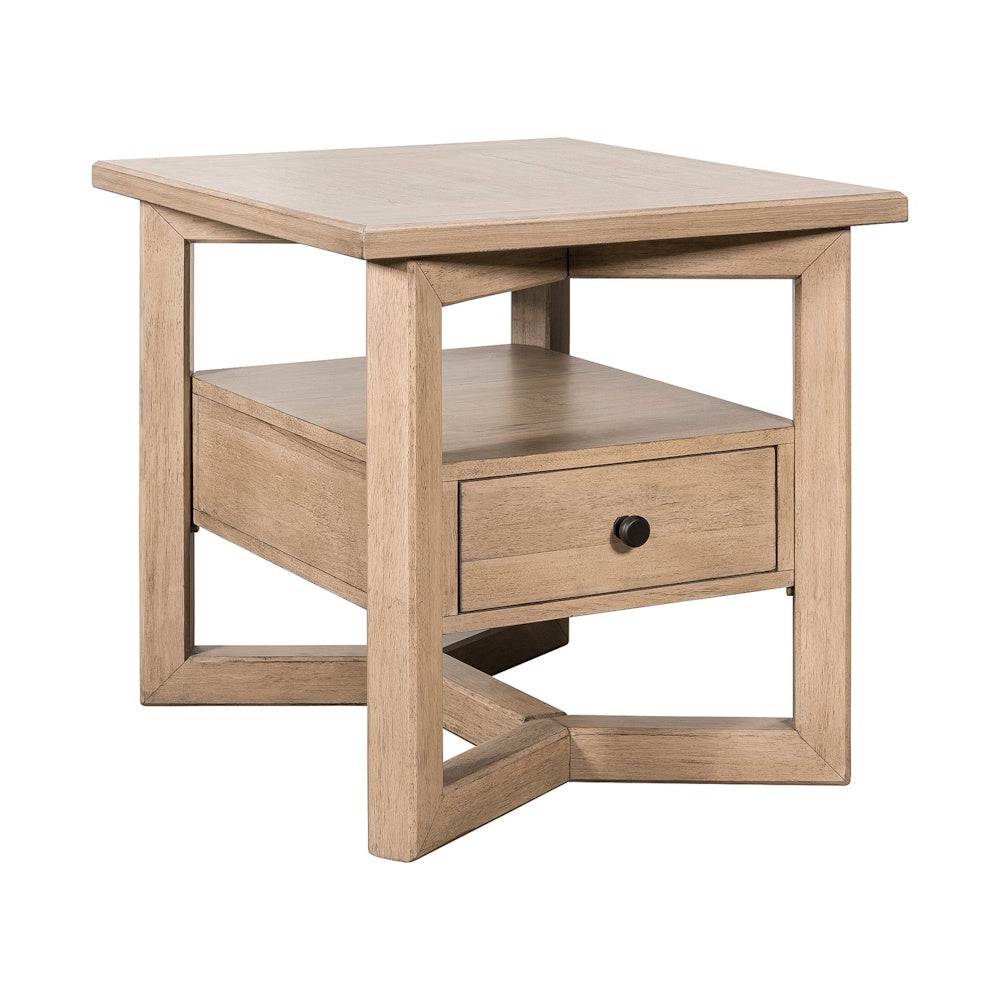 Proximity Place rectangular wooden end table with storage drawer and open shelf.