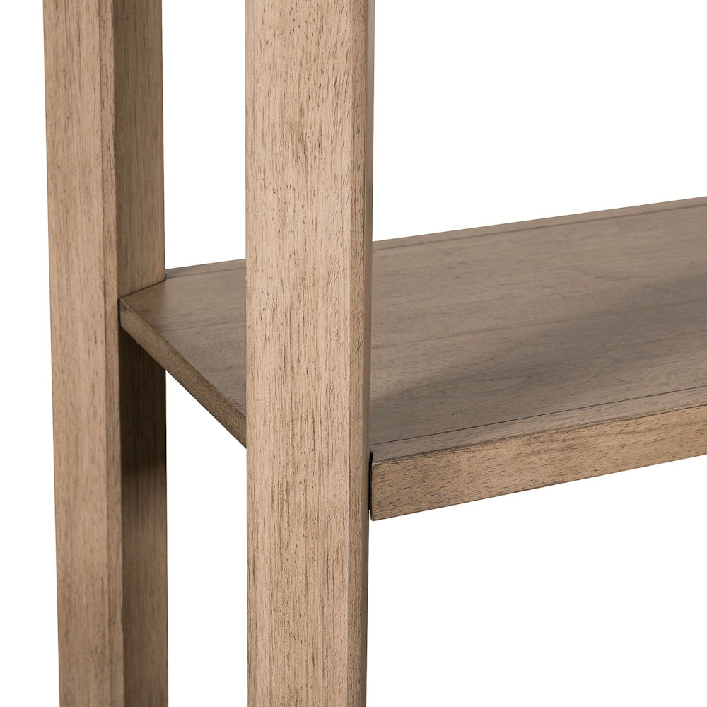 Close up of a Proximity Place light wood console sofa table base shelf.