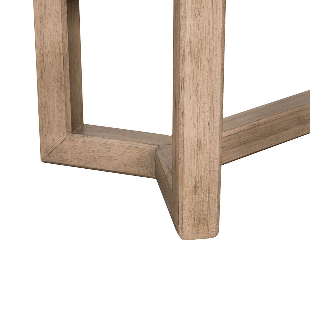 Light brown weathered wood trestle base detail of the Proximity Place sofa table.
