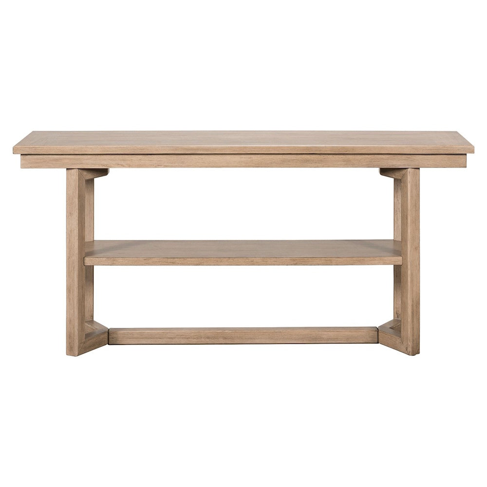 Front view of a modern light wood sofa table with an open storage shelf.