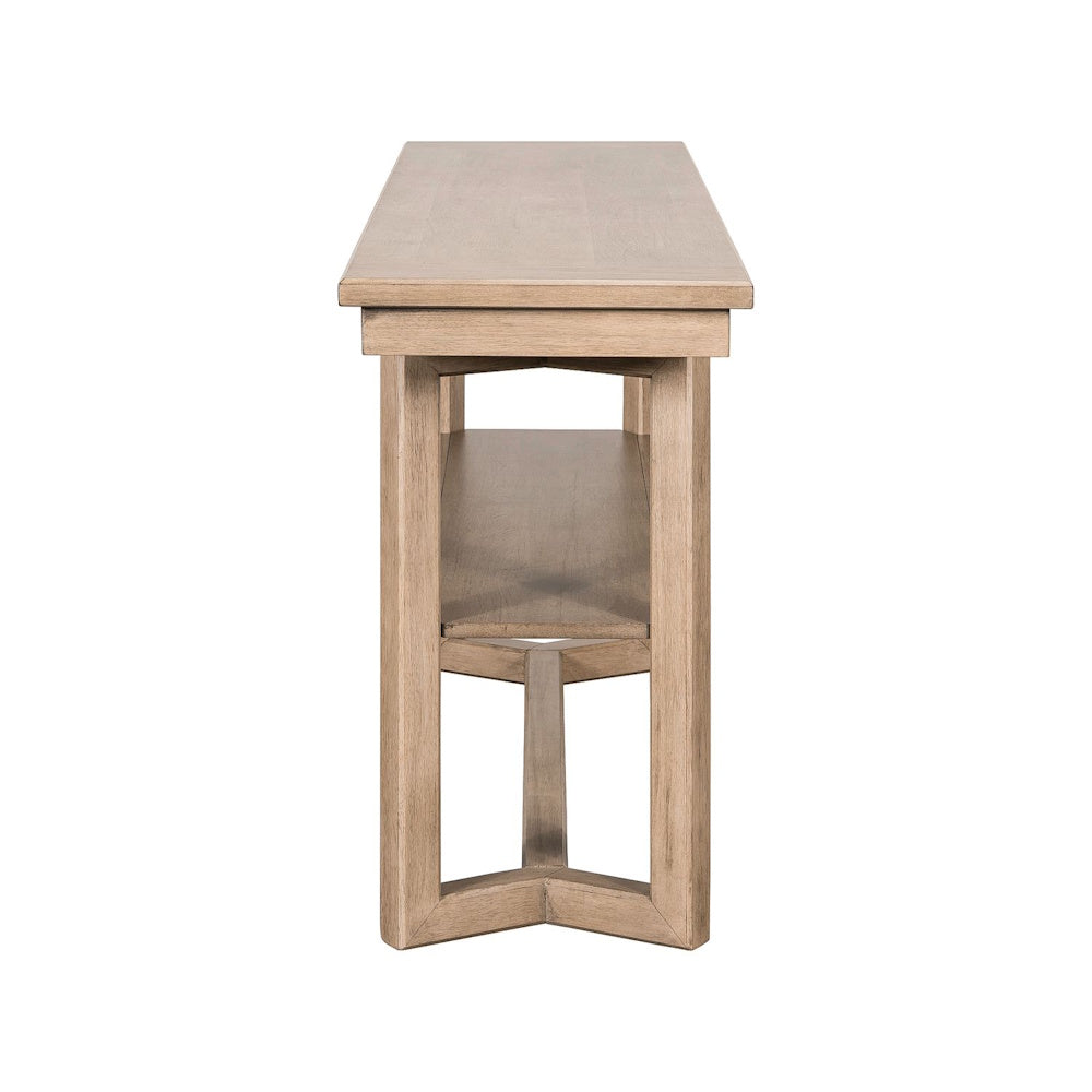 Side profile of the light brown wood Proximity Place sofa table with shelf.