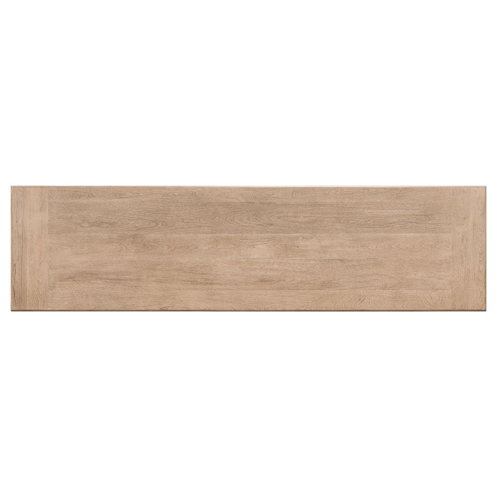 Top down view of a Proximity Place light brown wooden sofa console table surface.