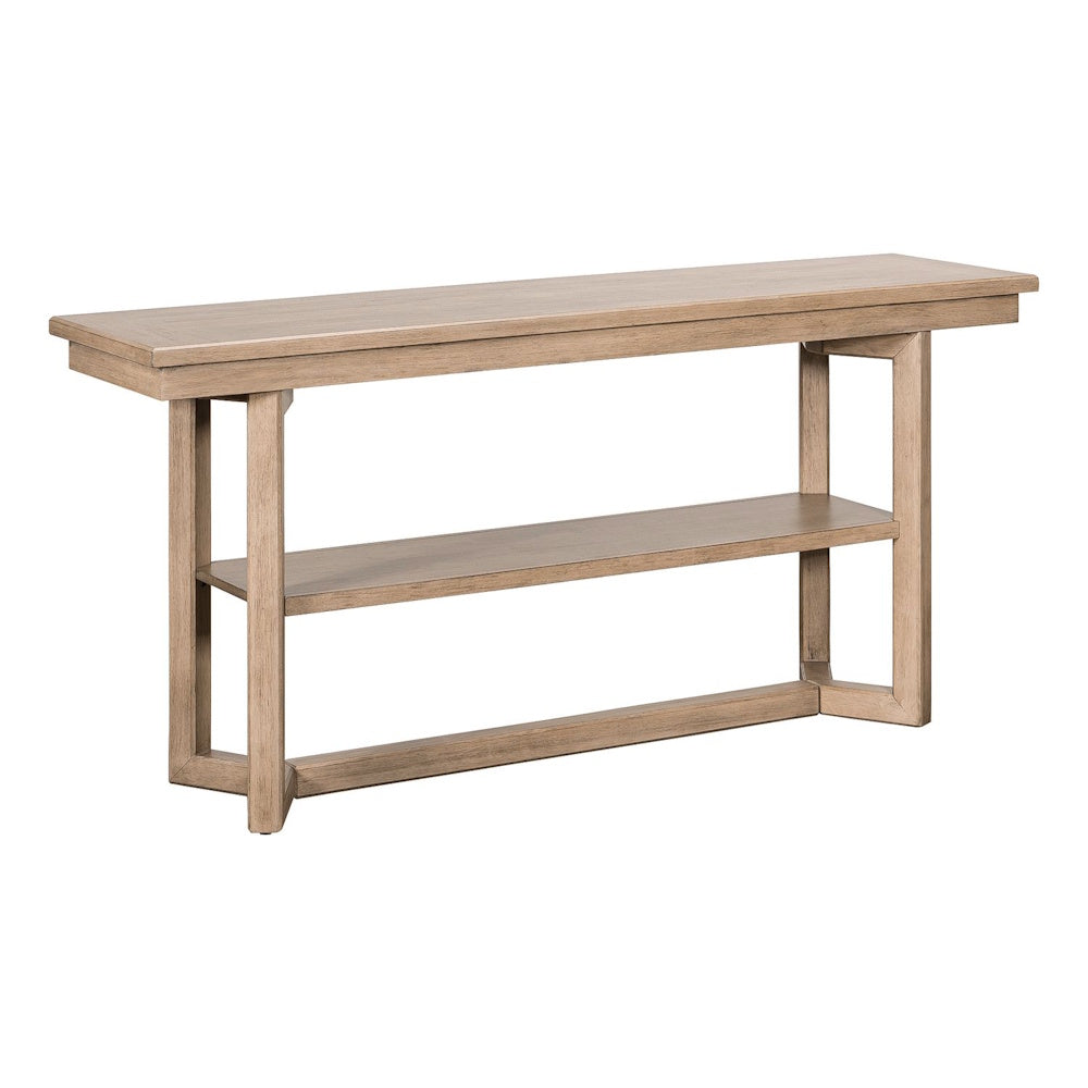 Modern light wood sofa table with bottom shelf.