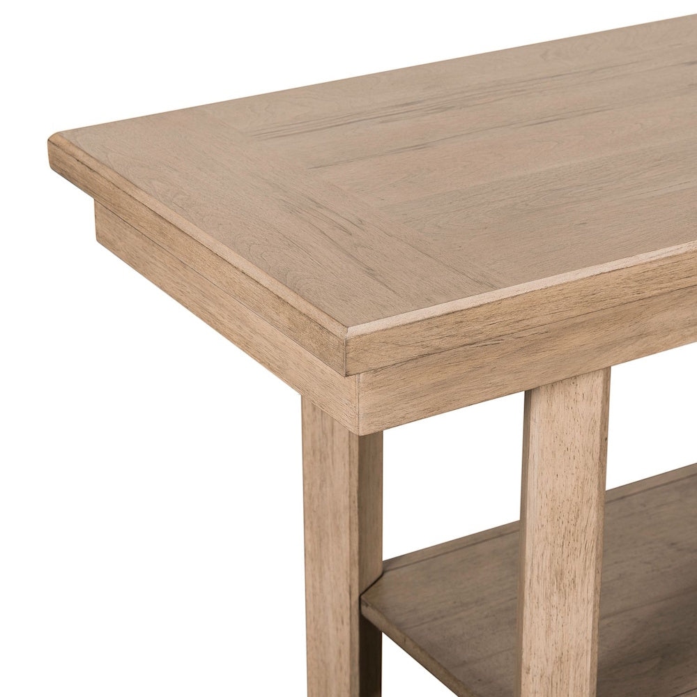 Close up side view of a Proximity Place wooden sofa console table with shelf.