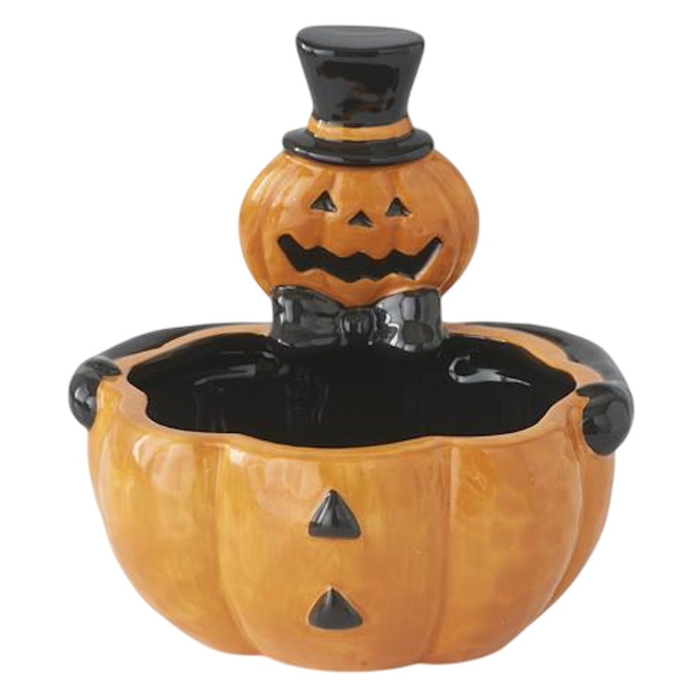 Orange ceramic pumpkin bowl featuring a smiling jack-o'-lantern head with a black top hat and bowtie.