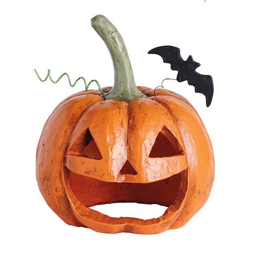 Orange paper mache jack-o'-lantern lantern with a green stem and a flying black bat accent.