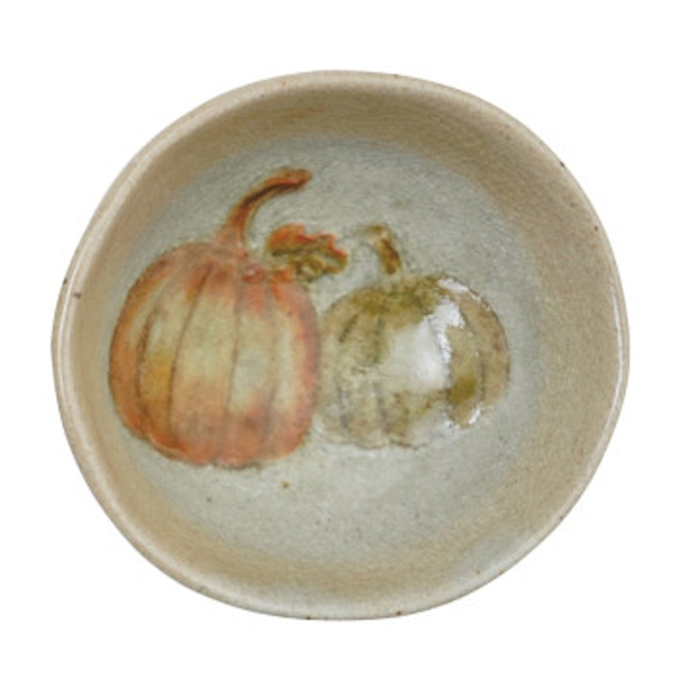 Hand-painted stoneware dish featuring an orange pumpkin and a green pumpkin.