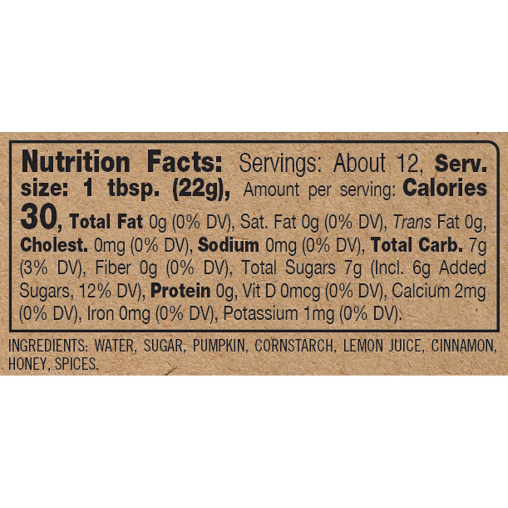 Nutrition Facts label for pumpkin honey butter showing 30 calories per serving and a list of ingredients.