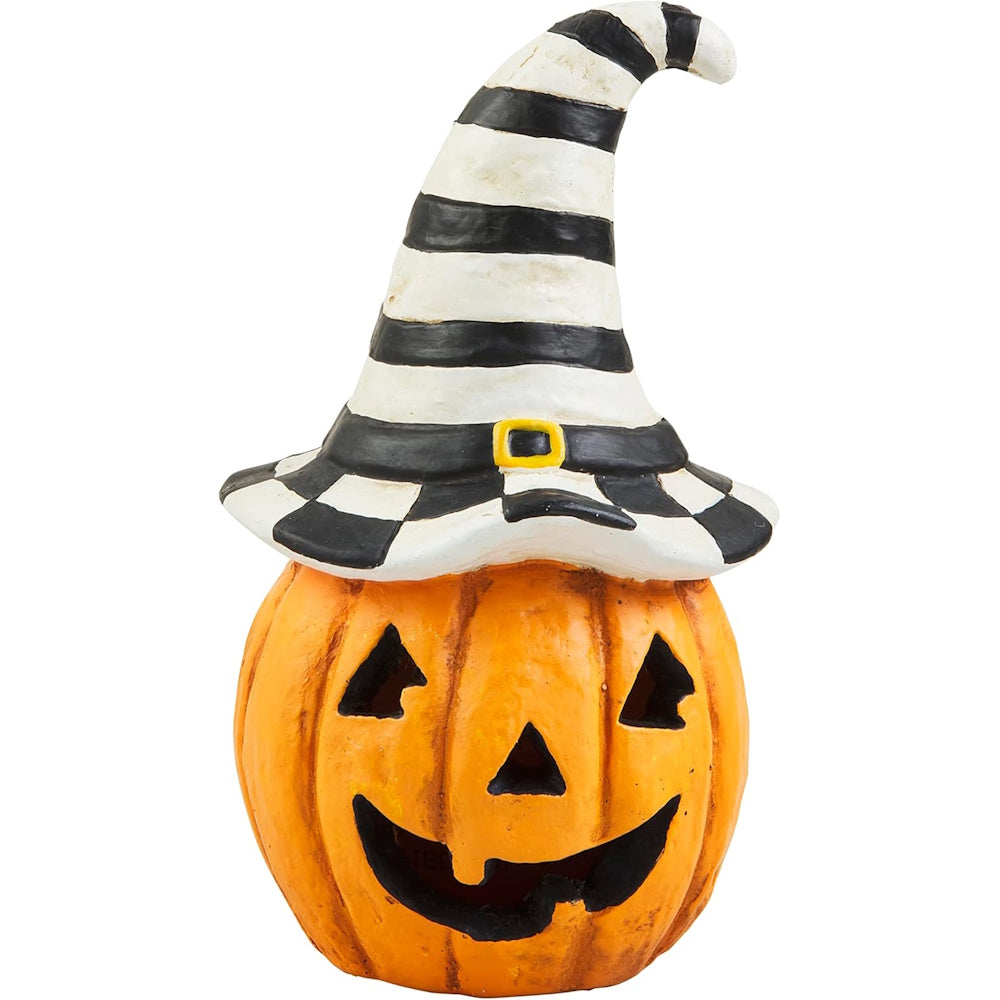 Papier-mâché jack-o'-lantern lantern wearing a black and white striped witch hat.