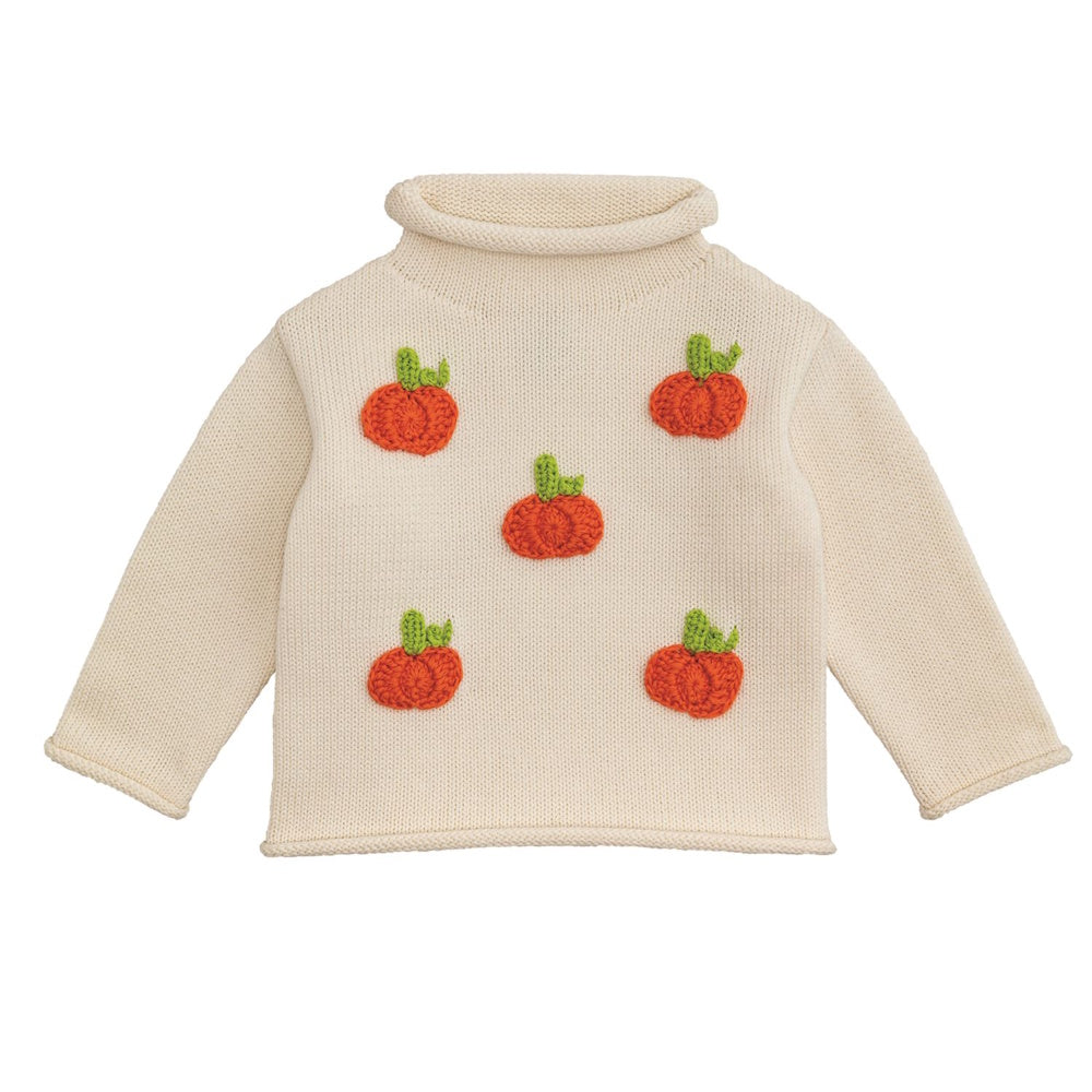 Cream knit baby sweater featuring a rollneck collar and five crocheted orange pumpkins with green stems.