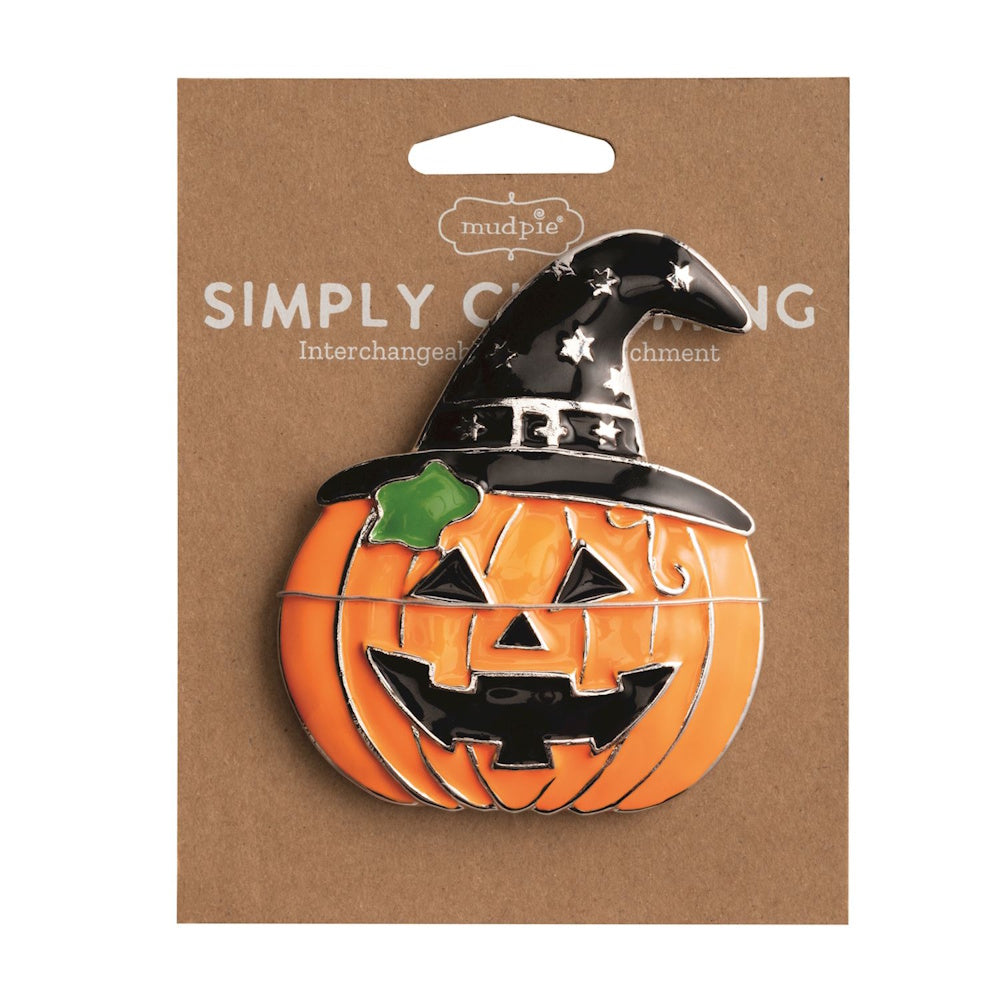 Mud Pie pumpkin with witch hat interchangeable charm on cardboard packaging.