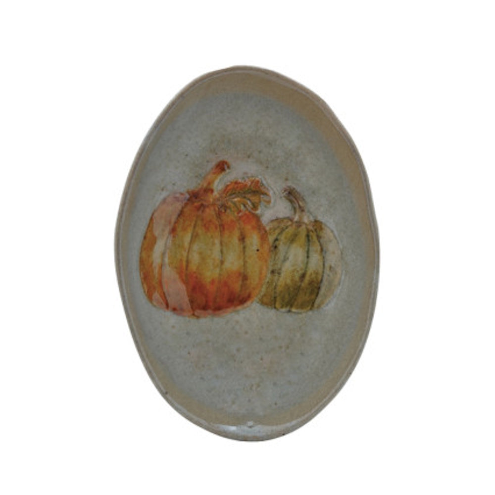 Hand-painted oval stoneware plate featuring an orange pumpkin and a green pumpkin.