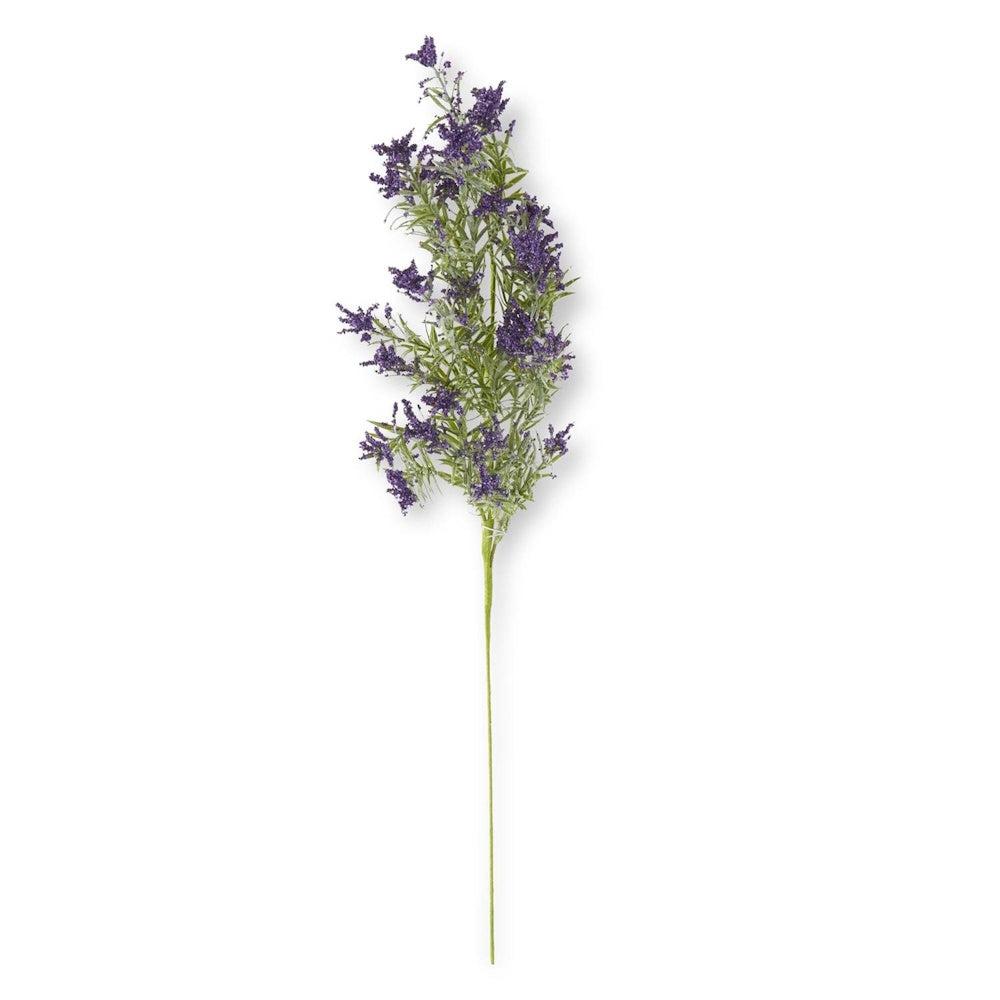 A single stem of artificial purple heather flowers with green leaves against a white background.