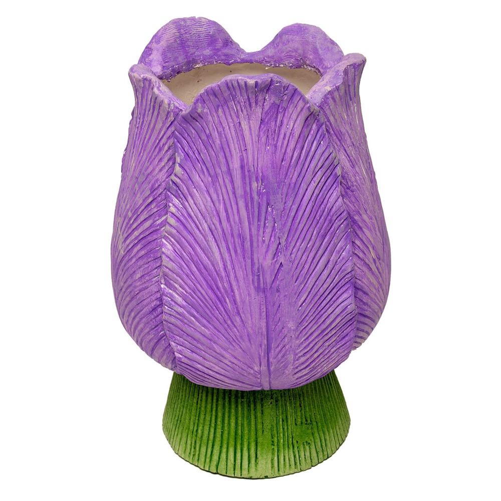 Purple tulip-shaped ceramic planter with textured petals and a green base on a white background.