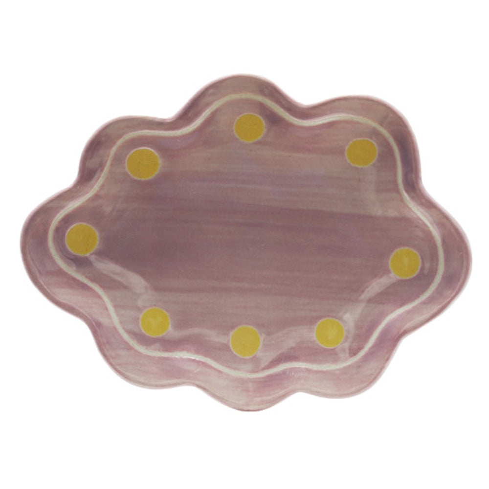 Purple stoneware scalloped dish with yellow polka dots and white trim, isolated on a white background.