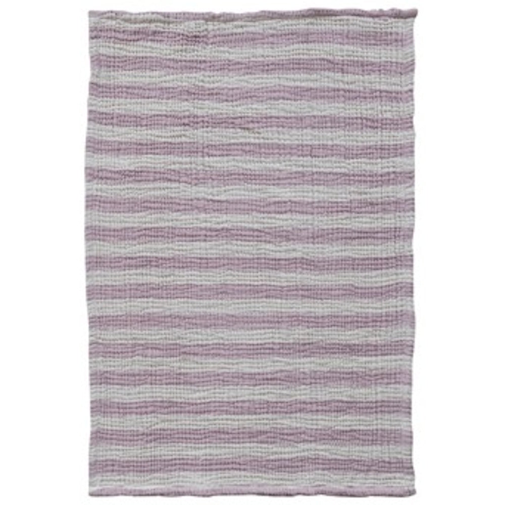 Rectangular tea towel with horizontal purple and white stripes. The fabric has a textured, crinkled double-cloth weave.