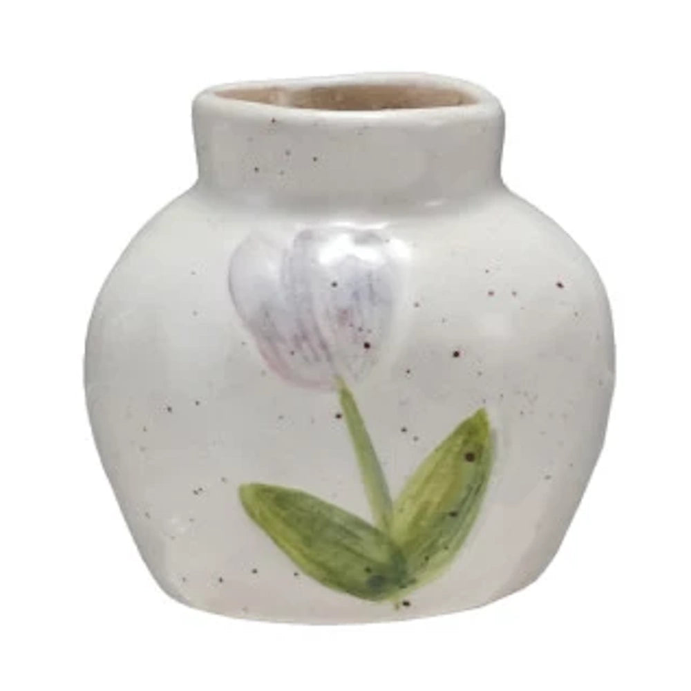 Hand-painted white stoneware bud vase with a purple tulip design and speckle finish.